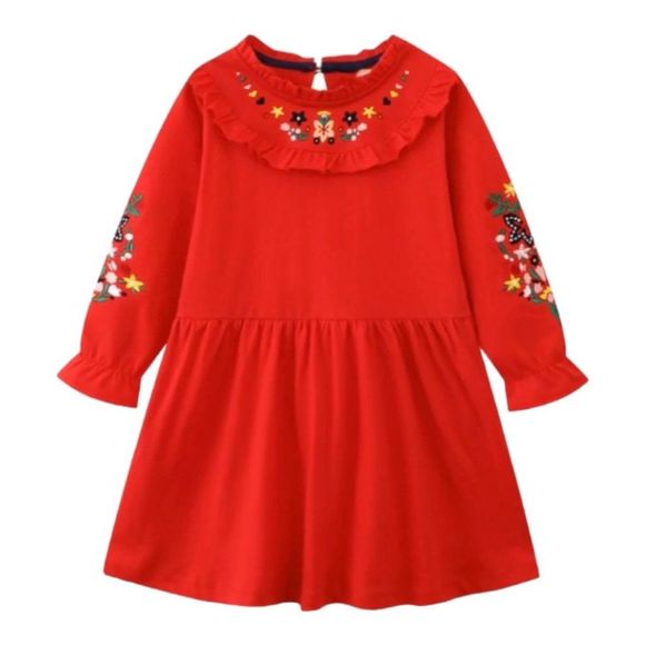 Mini Boden Other - Mini Boden Dress Girls 4-5Y Red Embroidered Floral Pleated Ruffles Cotton Blend